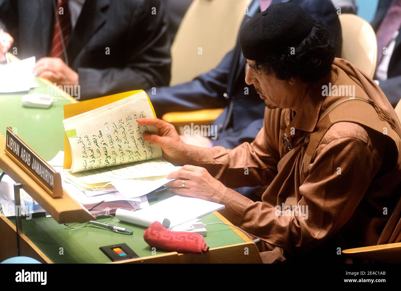 Der lybische Führer Moamer Kadhafi nimmt an der 64. Generalversammlung der Vereinten Nationen in New York am 23. September 2009 Teil. Foto von Olivier Douliery /ABACAPRESS.COM (im Bild: Moamer Kadhafi ) Stockfoto