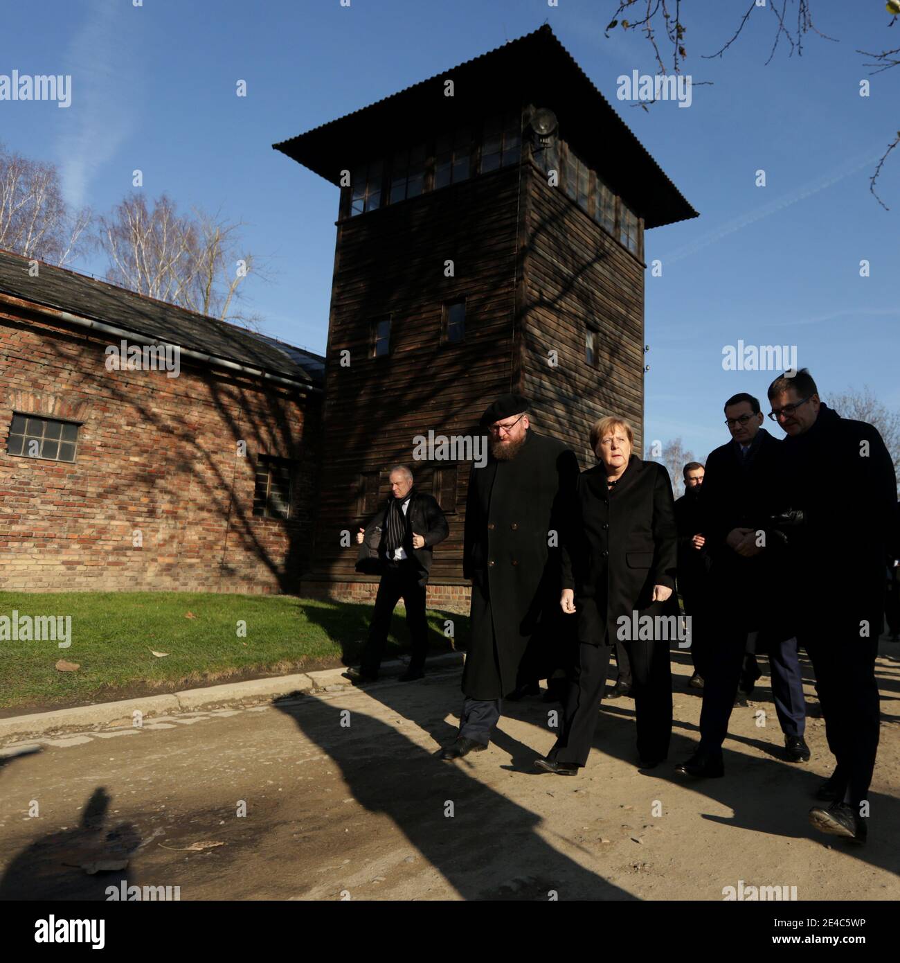 OSWIECIM, POLEN - 6. DEZEMBER 2019: Angela Merkels Besuch im ehemaligen Nazi-Konzentrationslager Auschwitz-Birkenau. Stockfoto