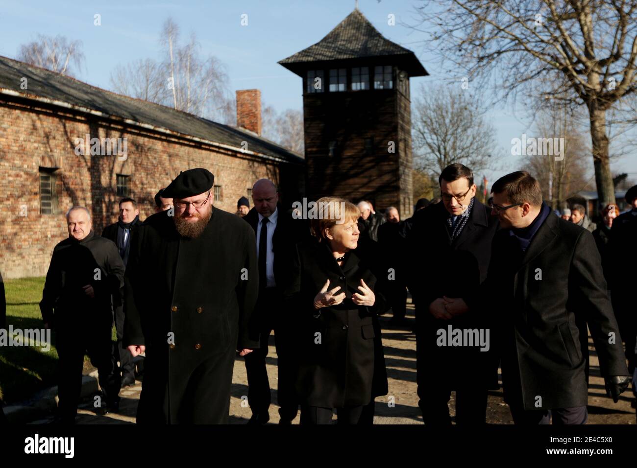 OSWIECIM, POLEN - 6. DEZEMBER 2019: Angela Merkels Besuch im ehemaligen Nazi-Konzentrationslager Auschwitz-Birkenau. Stockfoto
