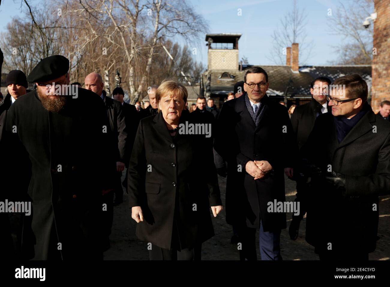 OSWIECIM, POLEN - 6. DEZEMBER 2019: Angela Merkels Besuch im ehemaligen Nazi-Konzentrationslager Auschwitz-Birkenau. Stockfoto