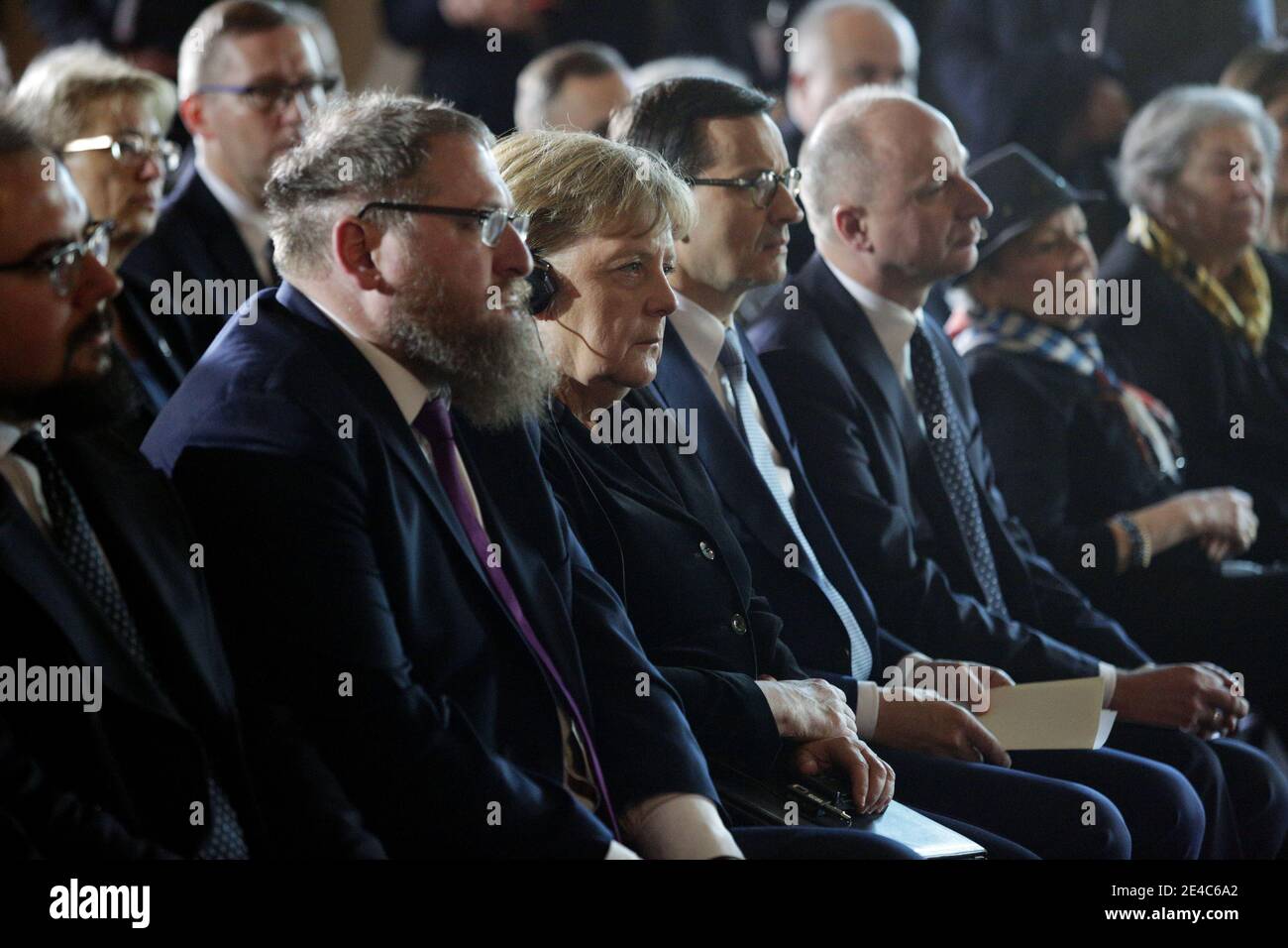 OSWIECIM, POLEN - 6. DEZEMBER 2019: Angela Merkels Besuch im ehemaligen Nazi-Konzentrationslager Auschwitz-Birkenau. Stockfoto