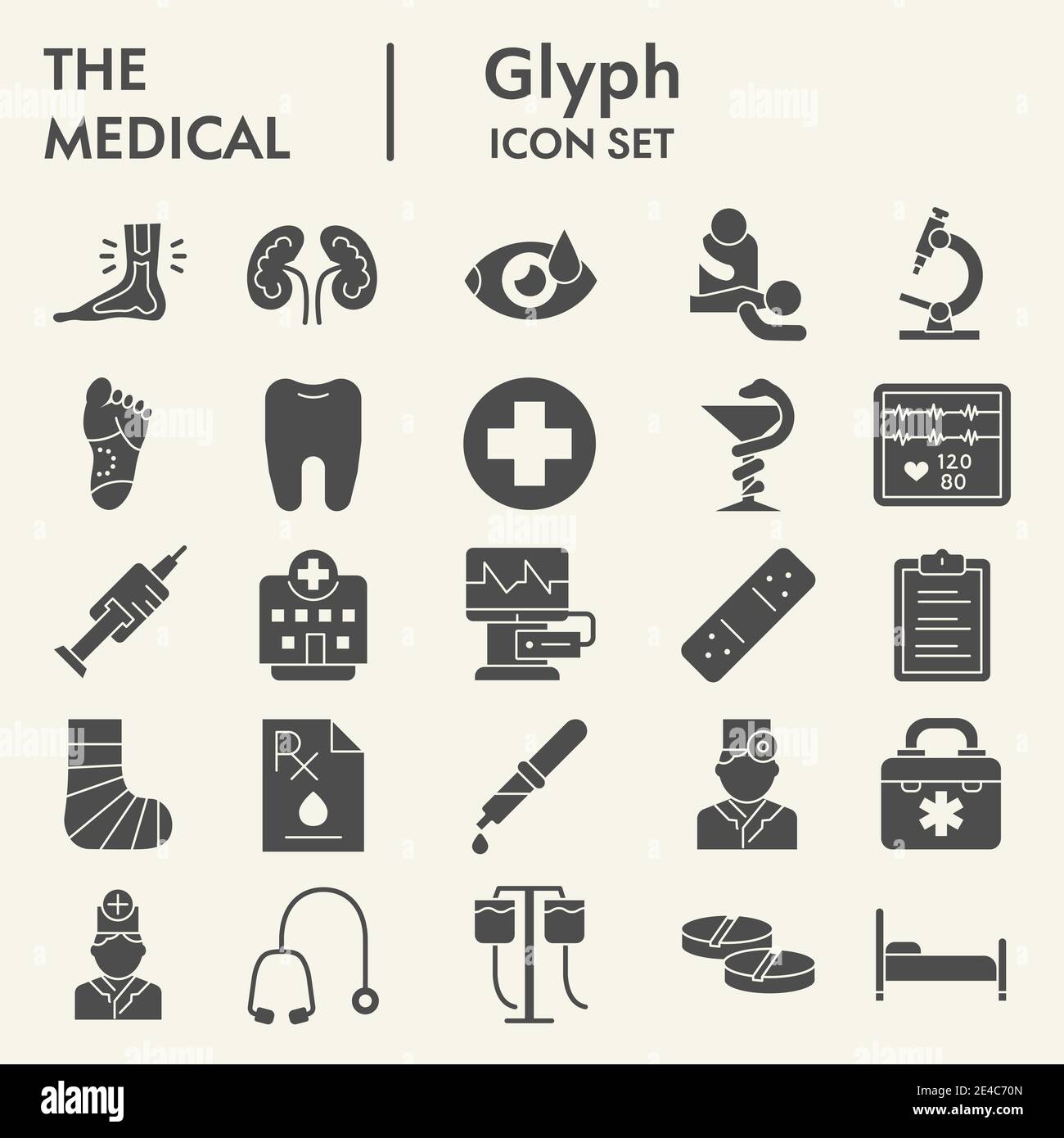 Medizinische solide Icon-Set, Medizin Symbole Set Sammlung oder Vektor-Skizzen. Health Signs Set für Computer Web, das Glyph Piktogramm-Paket Stock Vektor