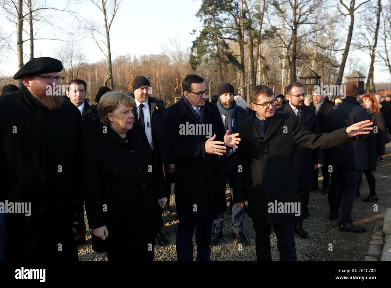 OSWIECIM, POLEN - 6. DEZEMBER 2019: Angela Merkels Besuch im ehemaligen Nazi-Konzentrationslager Auschwitz-Birkenau. Stockfoto