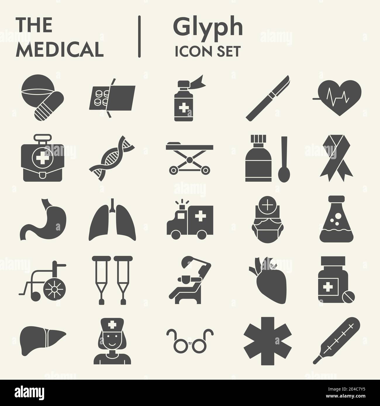 Medizinische solide Icon-Set, Health Symbole Set Sammlung oder Vektor-Skizzen. Medizin Zeichen für Computer-Web, die Glyphe Piktogramm-Stil-Paket gesetzt Stock Vektor