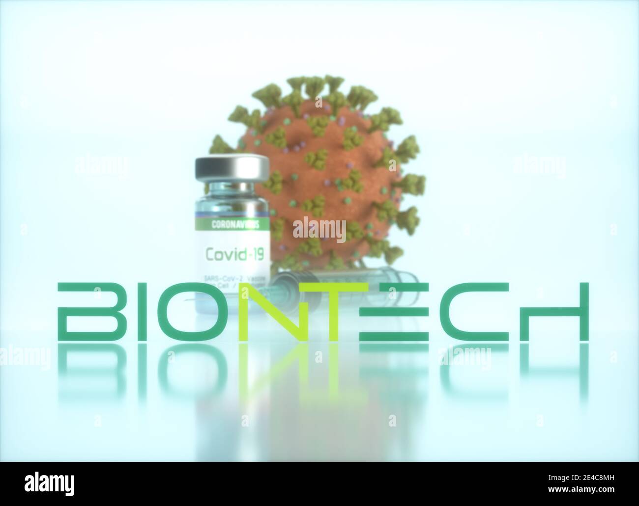 BioNTech-Impfstoff, konzeptuelles Bild für die Entdeckung eines Impfstoffes für den Covid-19, Coronavirus, 2019-nCoV, SARS-CoV-2. 3D-Illustration. Stockfoto