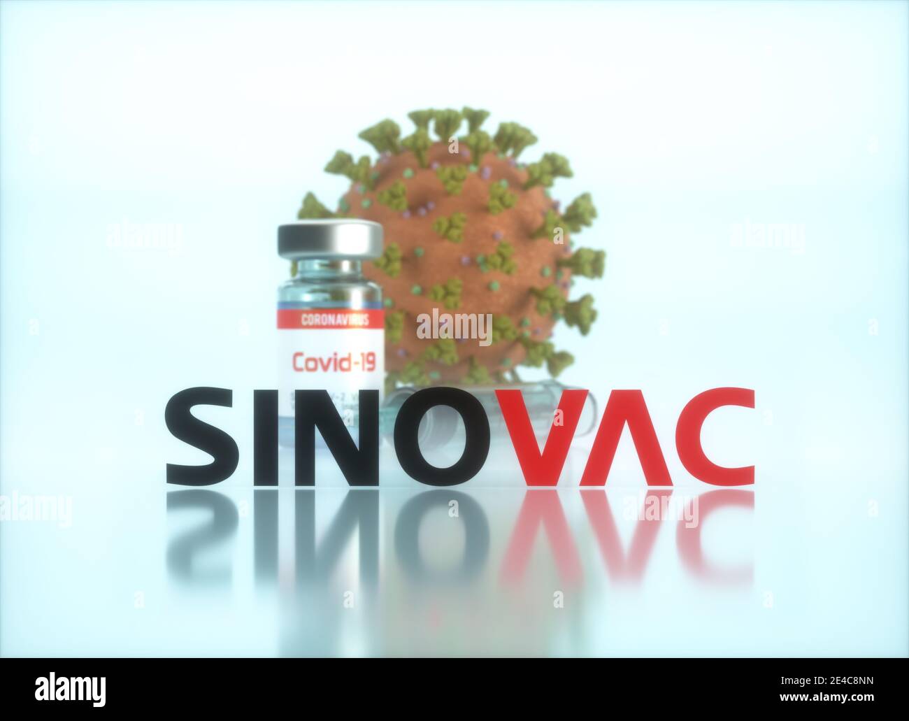 Sinovac-Impfstoff, konzeptuelles Bild für die Entdeckung eines Impfstoffes für den Covid-19, Coronavirus, 2019-nCoV, SARS-CoV-2. 3D-Illustration. Stockfoto