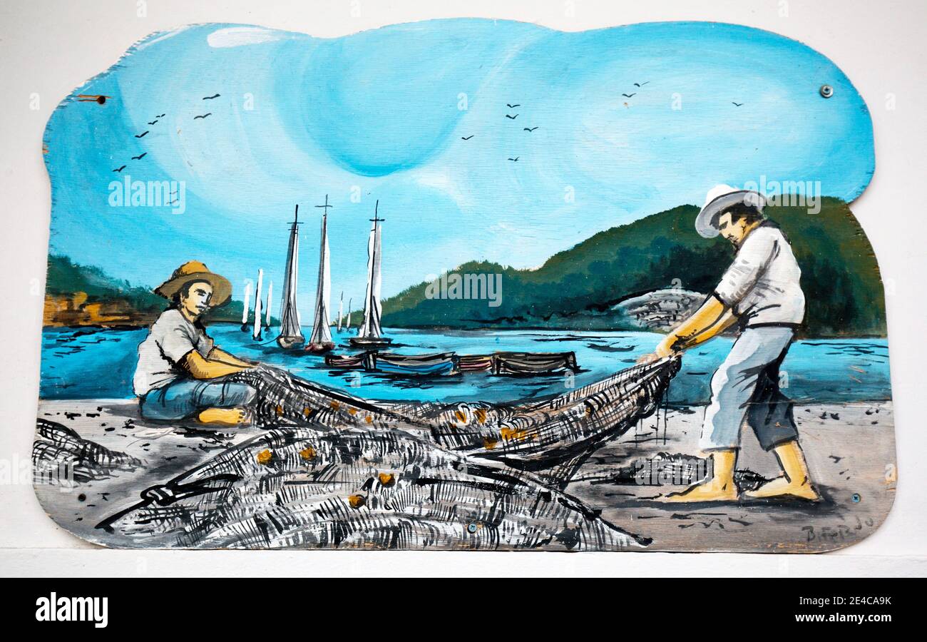 Die harte Arbeit der Fischer, Darstellung auf einem Wandbild, unbekannter Künstler, Mittelgriechenland Stockfoto