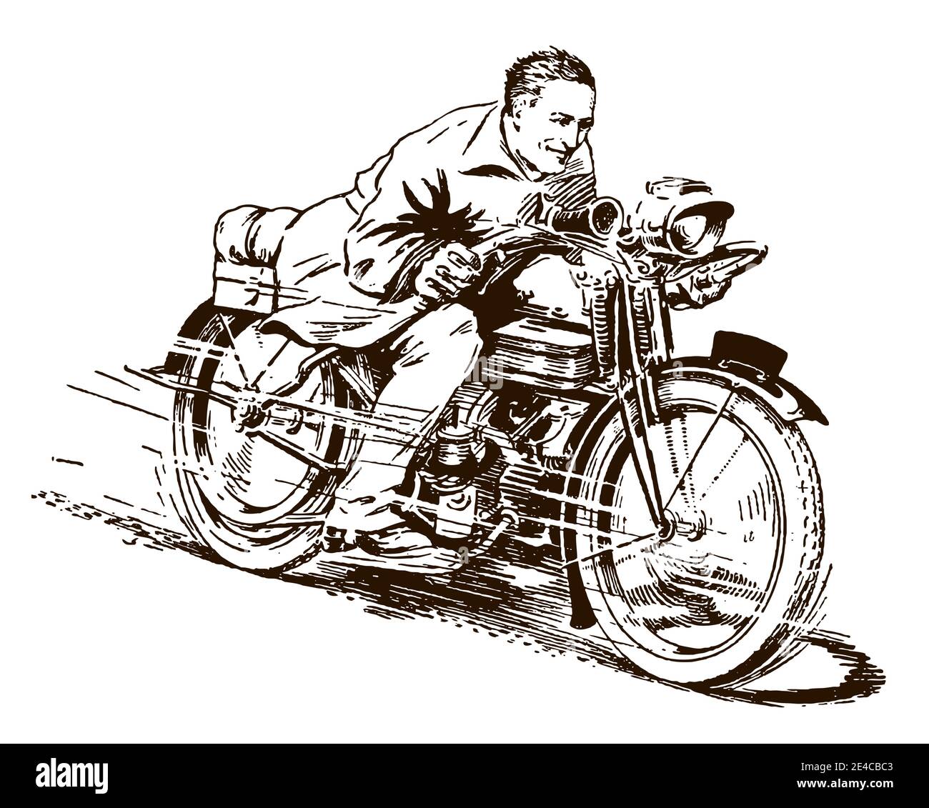Mann aus dem frühen 20. Jahrhundert auf einem klassischen Motorrad Bei hoher Geschwindigkeit Stock Vektor