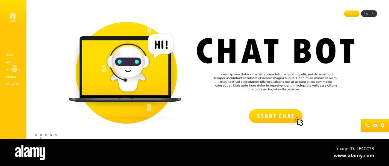 Chatbot in Laptop-Illustration. Online Assistant bot Landing Page Template. Stock Vektor