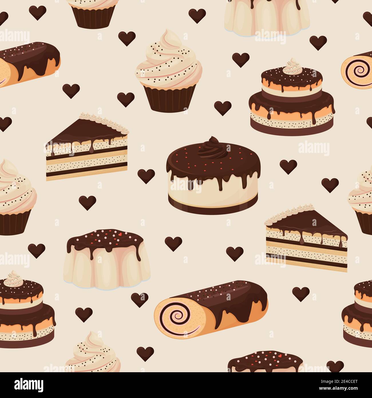Nahtloses Muster mit detailgezeichneten Desserts Kuchen, Cupcake, mit Schokolade auf hellem Hintergrund. Kreatives Design, bunt und stilvoll. Vektor illustrr Stock Vektor