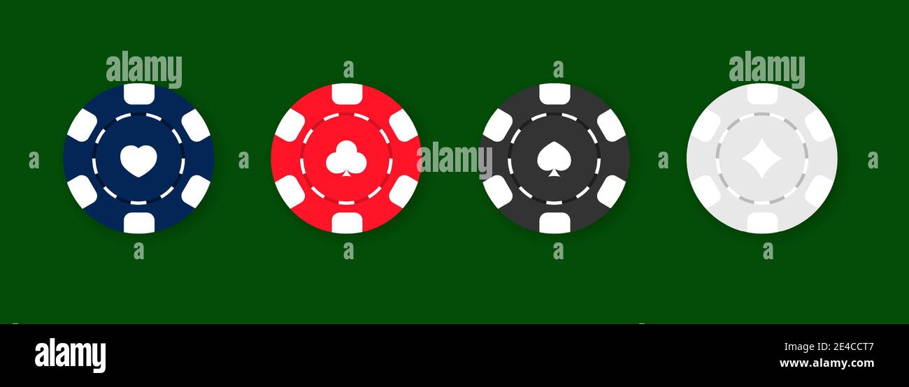 Casino Chips Icon Set. Poker. Blaue, rote, schwarze und grüne Chips. Vektor auf isoliertem grünen Hintergrund. EPS 10 Stock Vektor