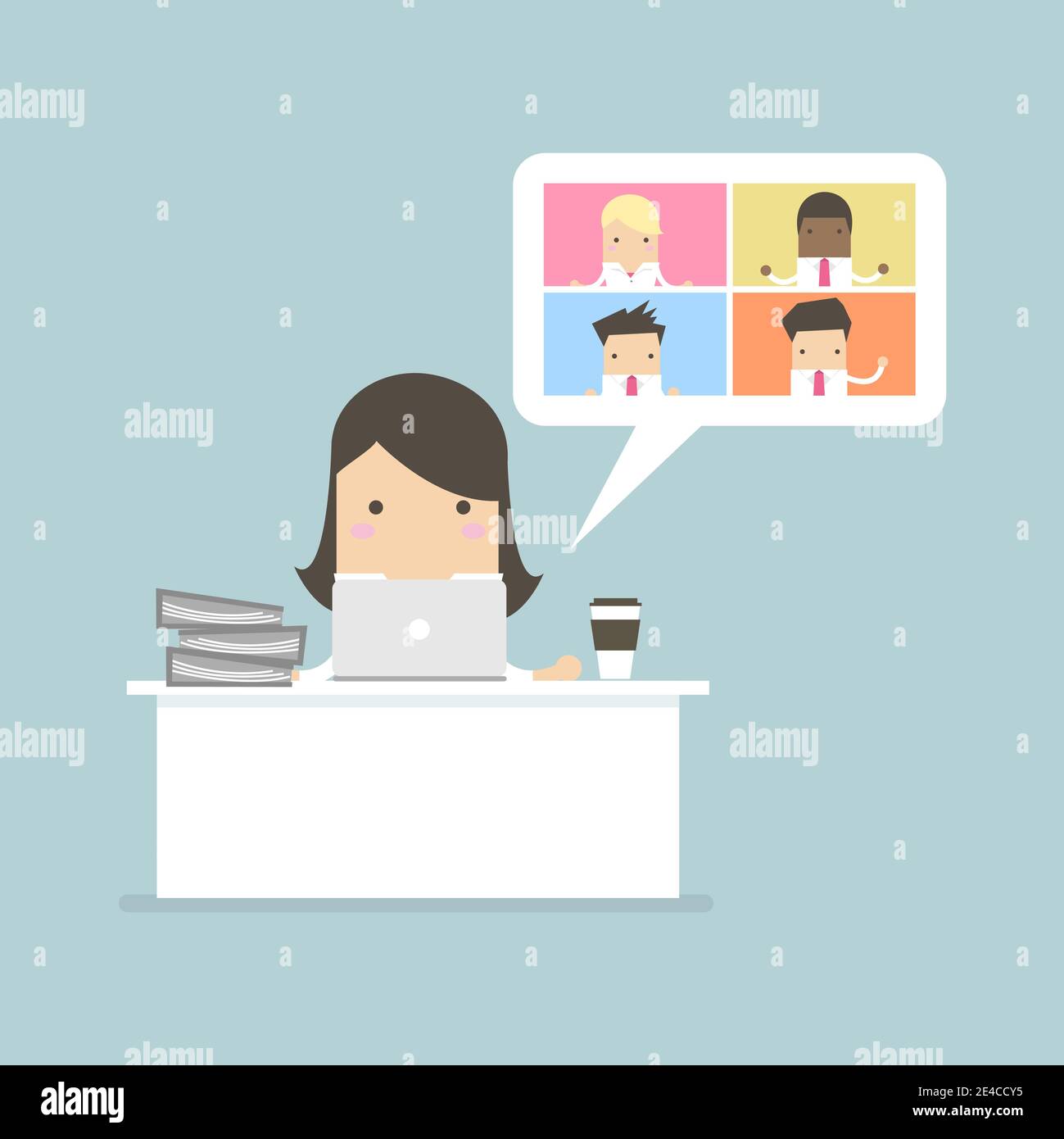 Geschäftsfrau, die mit Videokonferenz-Geschäftstreffen arbeitet. Virtuelle Online-Meetings, Arbeit von zu Hause aus. Stock Vektor