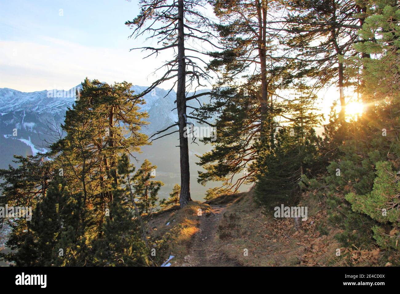 Romantischer Blick auf den Königsstand (1453m) in Richtung Wettersteingebirge. Alpspitze und Zugspitze im Hintergrund der Bäume. Garmisch-Partenkirchen, Oberbayern, Bayern, Deutschland, Bayerische Alpen, Werdenfelser Land Stockfoto