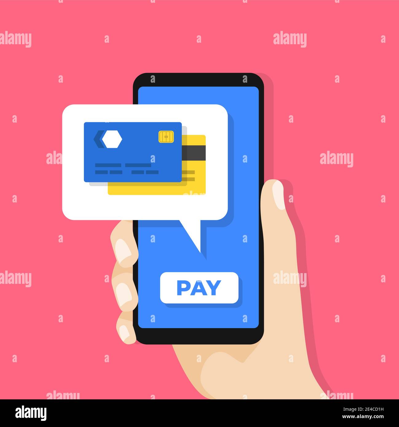 Hand hält Smartphone mit Kreditkarte auf dem Bildschirm. Mobiles Bezahlen mit Ihrem Smartphone-Konzept. Stock Vektor