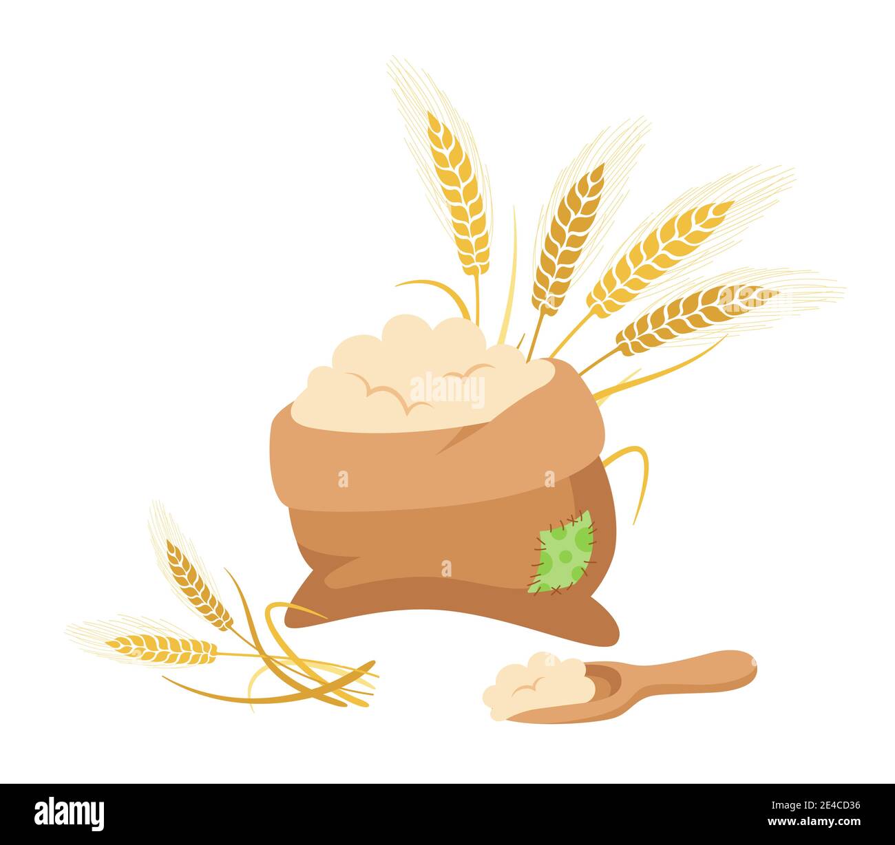 Beutel mit Mehl und Weizenohren, Holzlöffel, CartoonKomposition