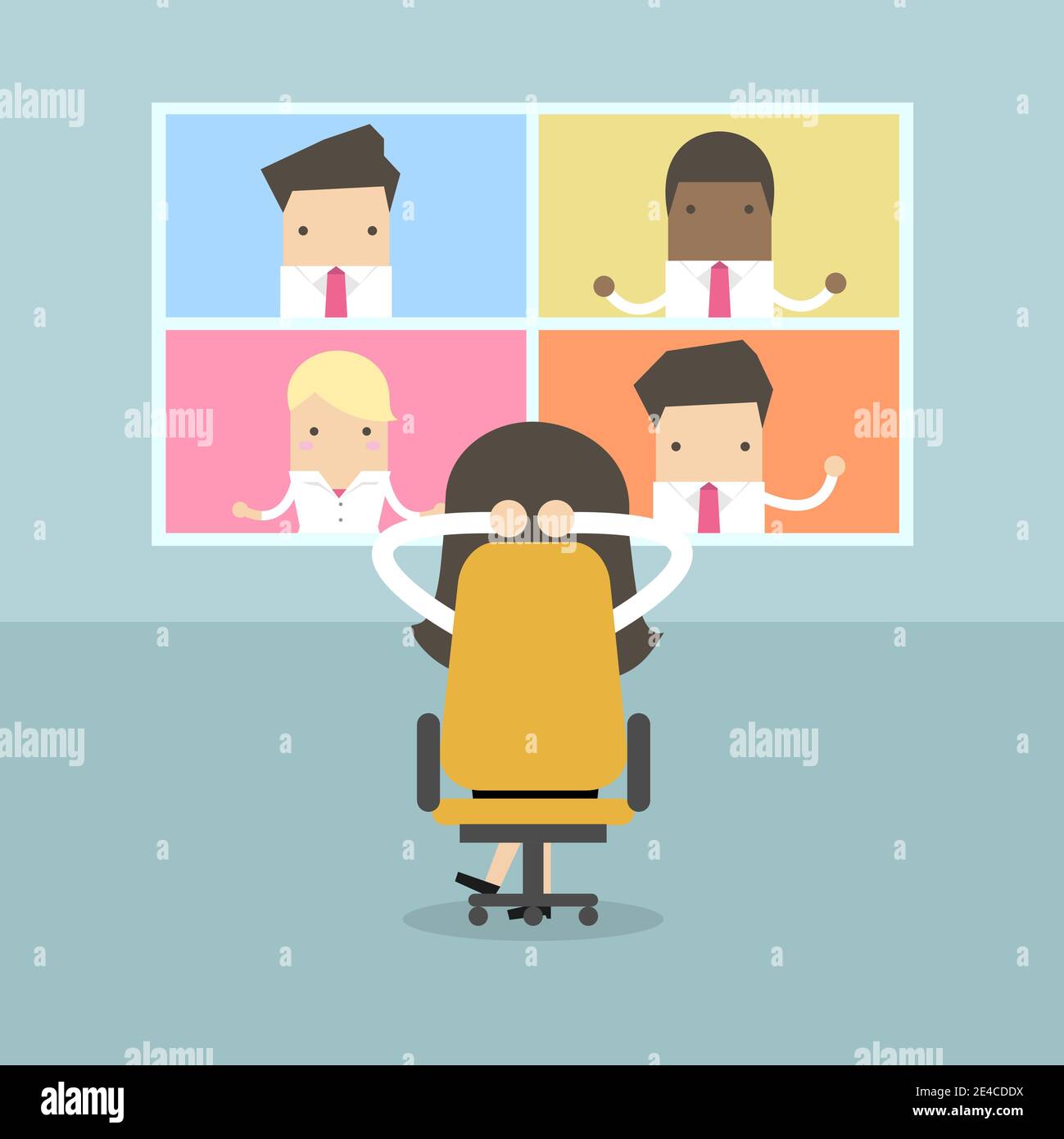 Geschäftsfrau mit Videokonferenz Business Meeting. Virtuelle Online-Meetings, Arbeit von zu Hause aus. Stock Vektor