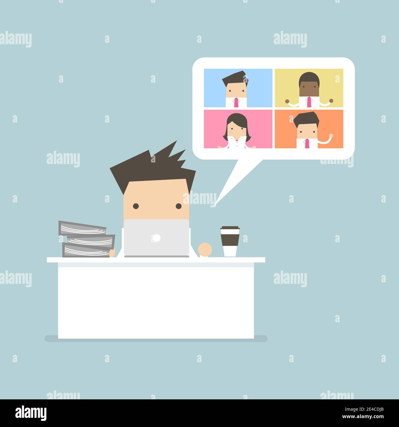 Geschäftsmann, der mit Videokonferenz-Geschäftstreffen arbeitet. Virtuelle Online-Meetings, Arbeit von zu Hause aus. Stock Vektor