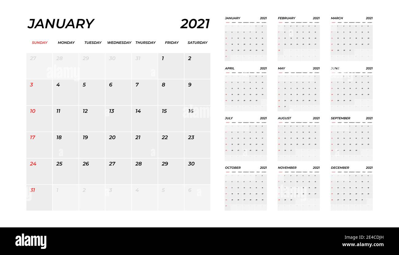 Kalender 2021, 12 Monat in sauberen minimalen Tabelle einfachen Stil. Kalender 2021-Vorlage. Kalenderplanungswoche. Stock Vektor