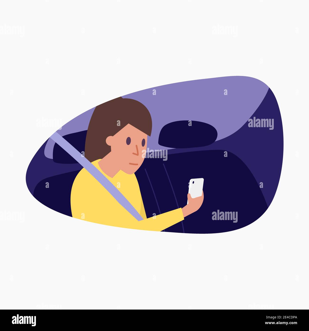 Frau, die auf dem Rücksitz des Autos sitzt und Smartphone benutzt. Stock Vektor