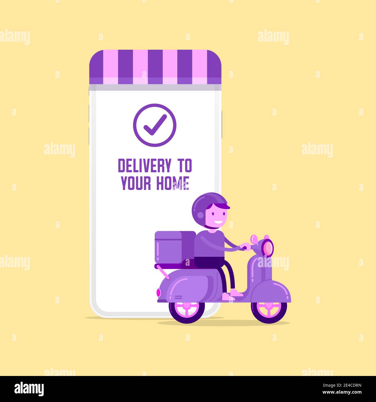 Lieferung Mann, einen Roller aus dem Telefon. Fast Food Delivery App auf einem Smartphone mit Lieferung Mann auf einem Motorroller. Stock Vektor