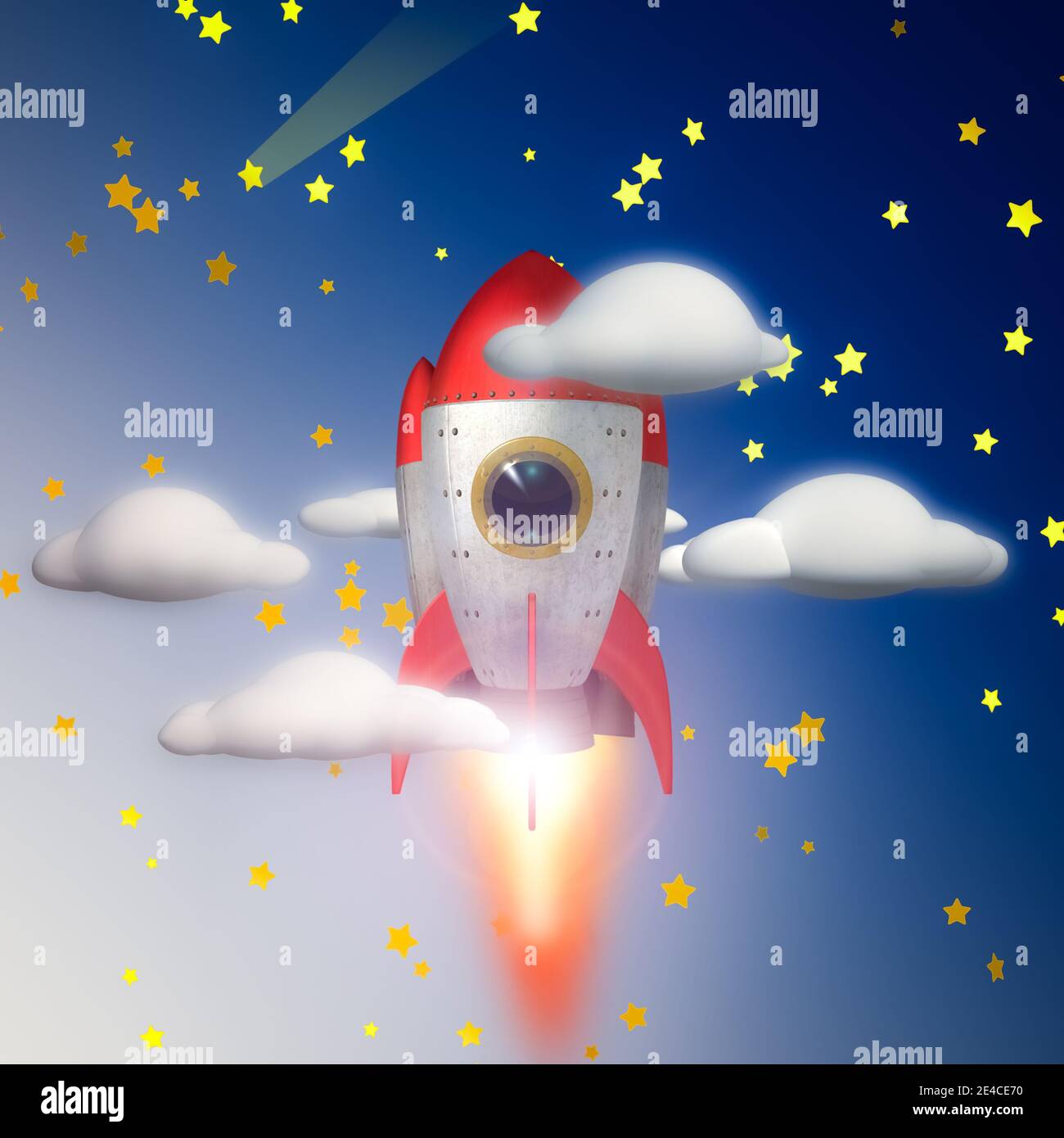 3D-Rendering einer Rakete in den Himmel mit gestartet Die Sterne Stockfoto