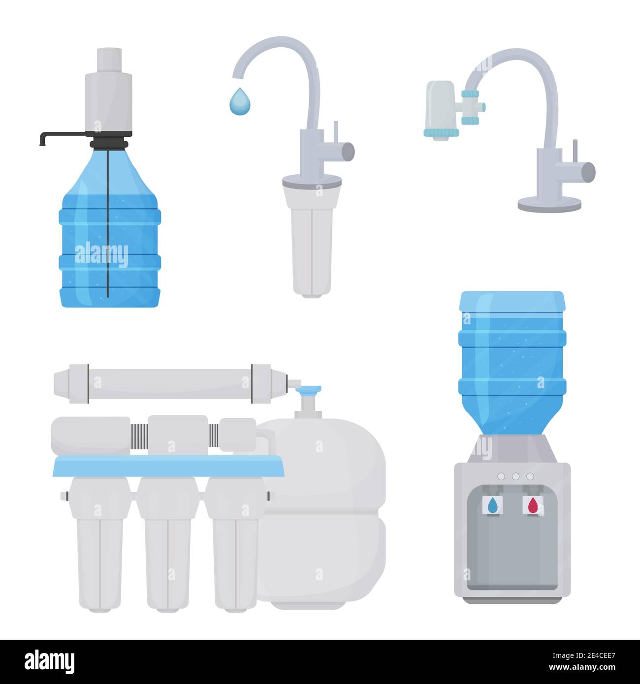 Set von Wasserfiltern tragbare Geräte, Haushaltsgegenstände für sauberes Wasser isoliert auf weißem Hintergrund. Kühler-, Krug- und Rohrfilter. Bunt in Fla Stock Vektor