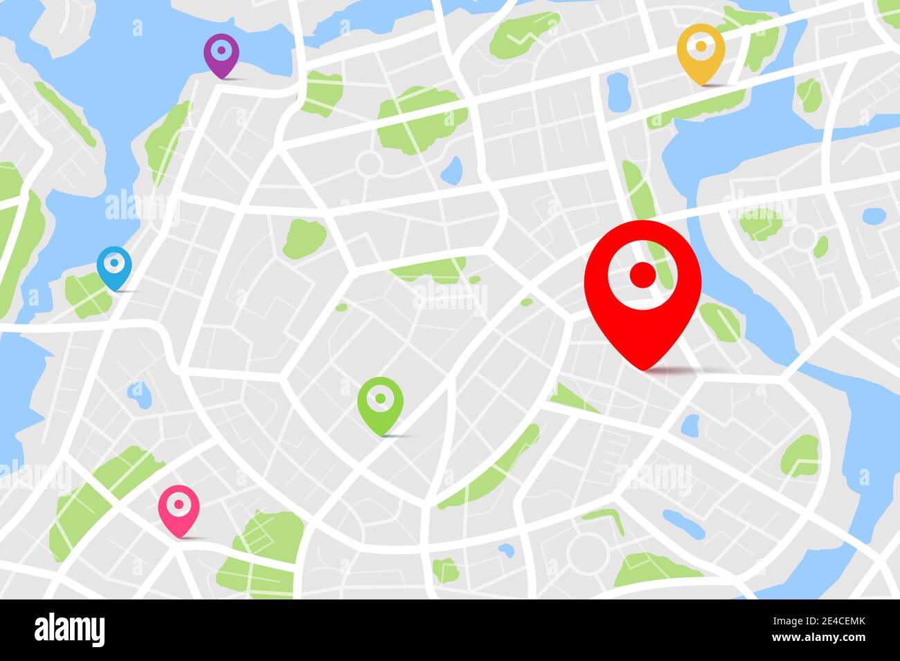 3D Draufsicht auf eine Karte mit Zielort Punkt, Aerial sauber Draufsicht auf den Tag Zeit Stadtplan mit Straße und Fluss, Blank urban Imagination ma Stockfoto