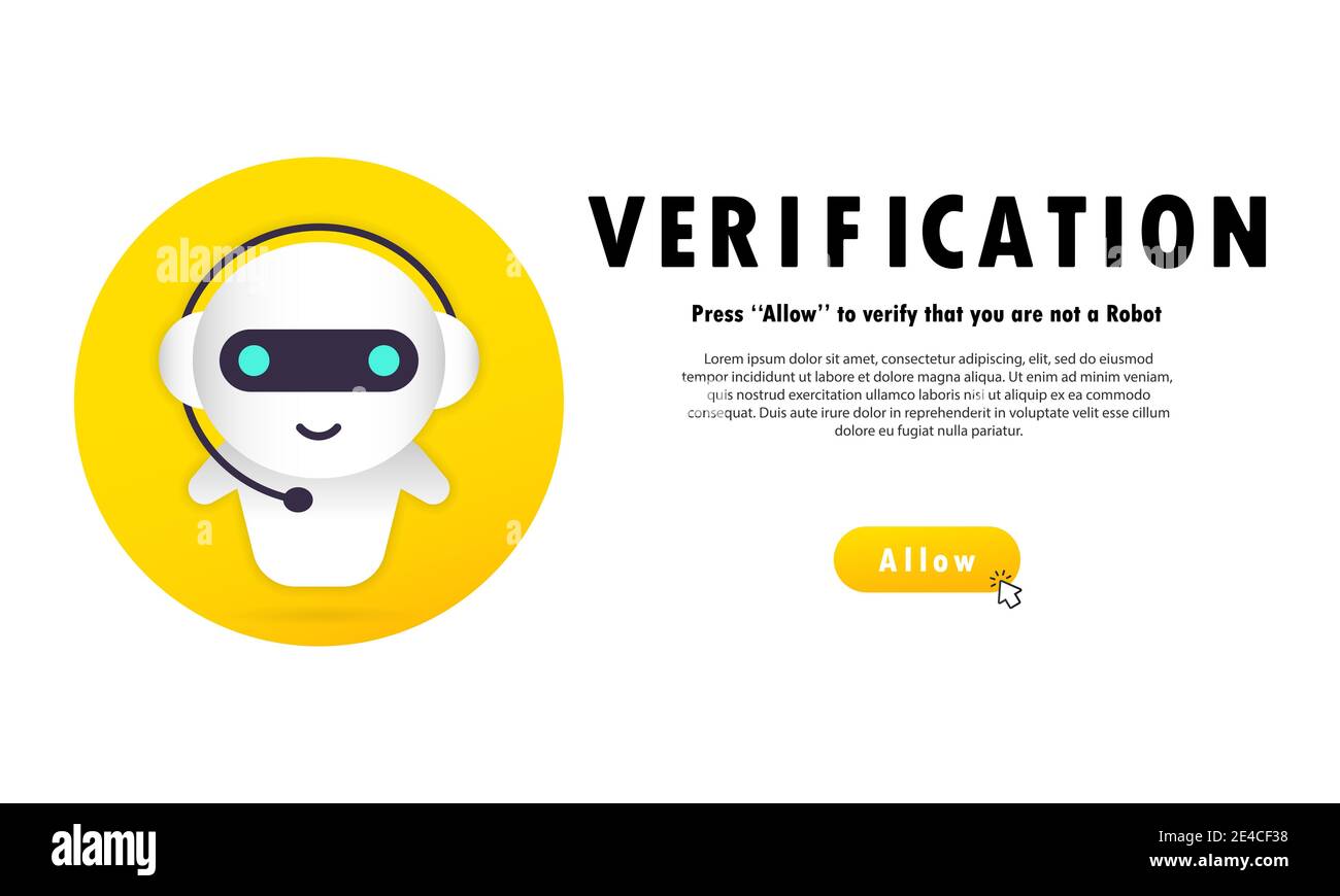 Verifizierungsbanner. Drücken Sie auf Zulassen, um zu überprüfen, ob Sie kein Roboter sind. Datenschutz, Verifizierungstechnologien. Stock Vektor