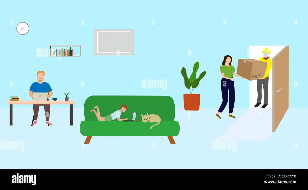 Lieferer mit Maske, die einen Karton trägt. Familie, die während des Coronavirus ein Paket oder eine Schachtel mit Waren im Haus erhält. Vektor und Illustration Stock Vektor