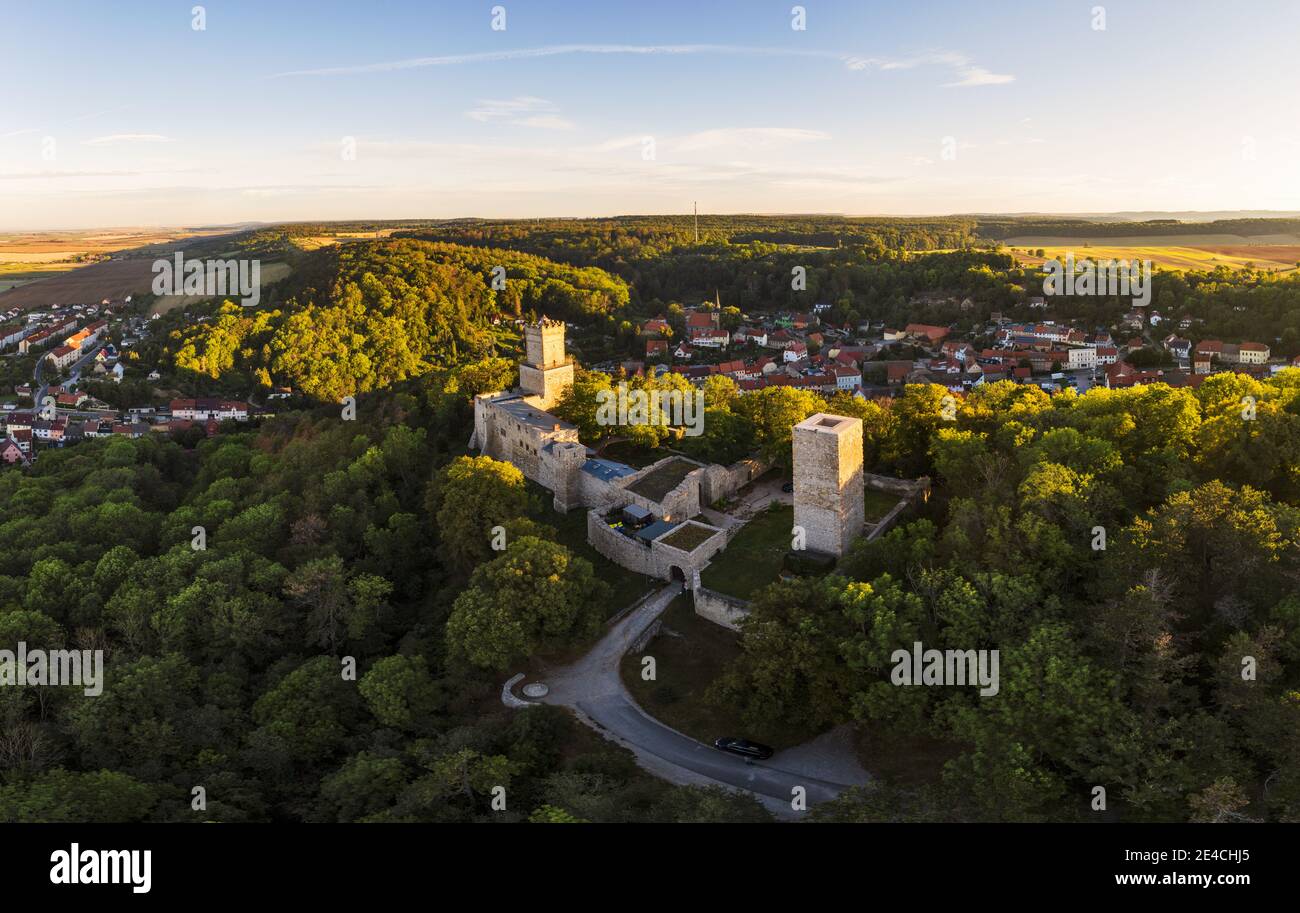 Deutschland, Sachsen-Anhalt, Burgenlandkreis, Eckartsberga, Burgruine, Berg, Wald, Stadt, Morgenlicht, Luftbild Stockfoto