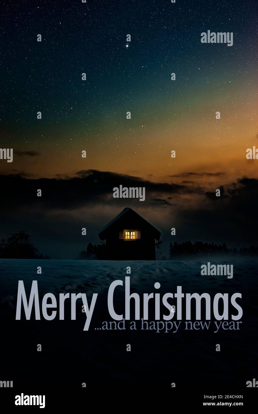 Weihnachtskarte und Neujahr Wunsch mit Winterlandschaft Stockfoto