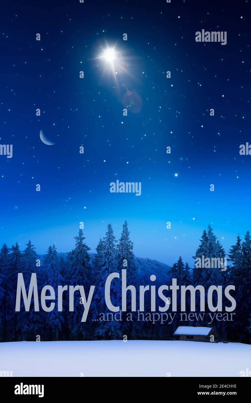 Weihnachtskarte und Neujahr Wunsch mit Winterlandschaft Stockfoto