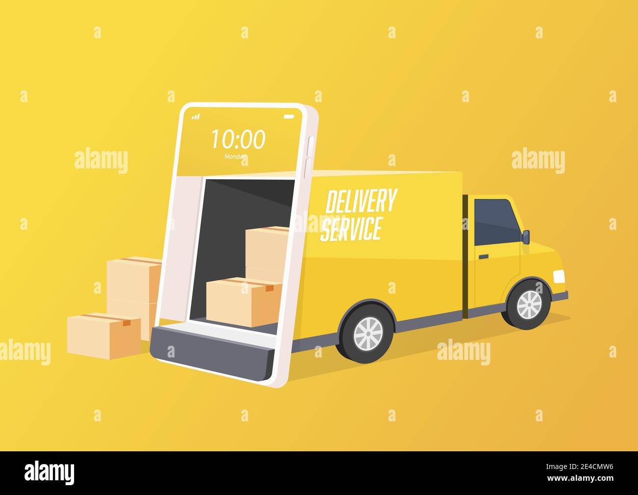 Der Lieferwagen öffnet die Tür über den Bildschirm des Mobiltelefons. Online-Delivery-Service-Konzept. Intelligente Logistik, Frachttransport und Gütertransport Stock Vektor