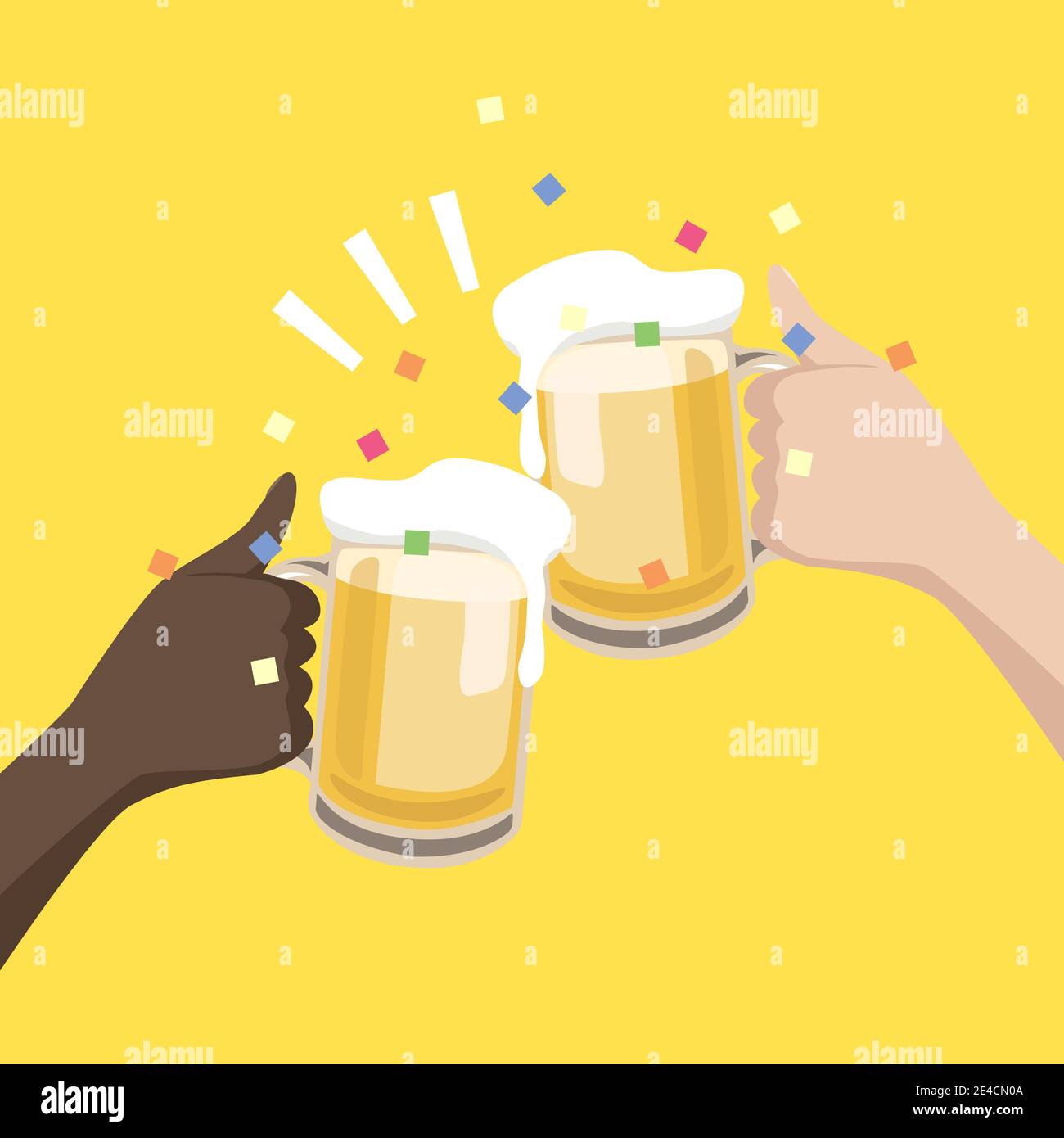 Schwarze und weiße Hände halten Biergläser, um gemeinsam zu feiern. Stock Vektor
