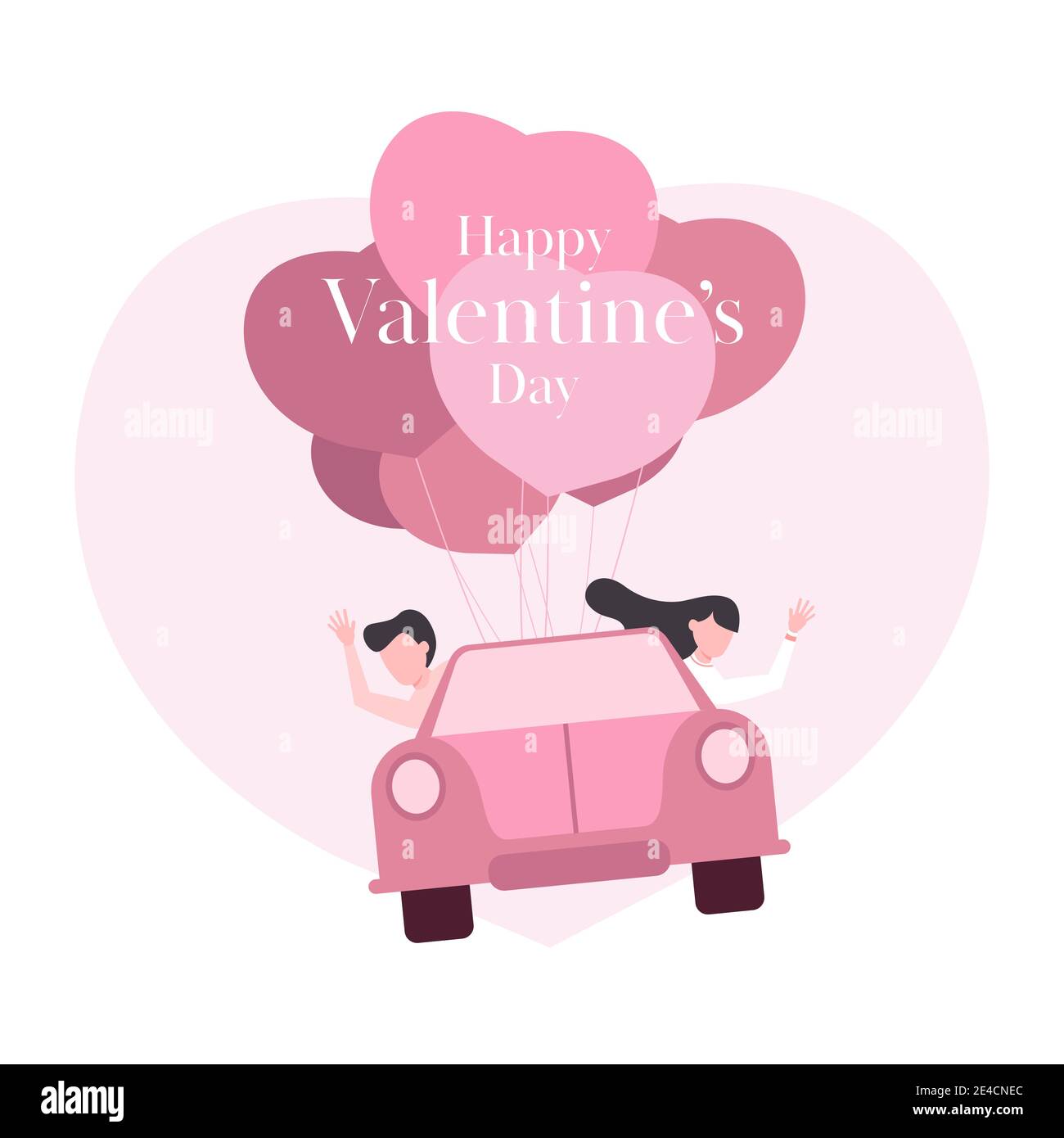 Alles Liebe zum Valentinstag. Paar in einem Auto schweben in den Himmel mit einem Herzballon. Stock Vektor