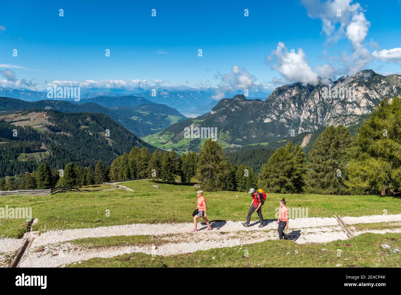 Tierers, Tierser Tal, Bozen, Dolomiten, Südtirol, Italien. Wanderer auf dem Aufstieg zum Haniger Schwaige, im Hintergrund die Stadt Bozen Stockfoto