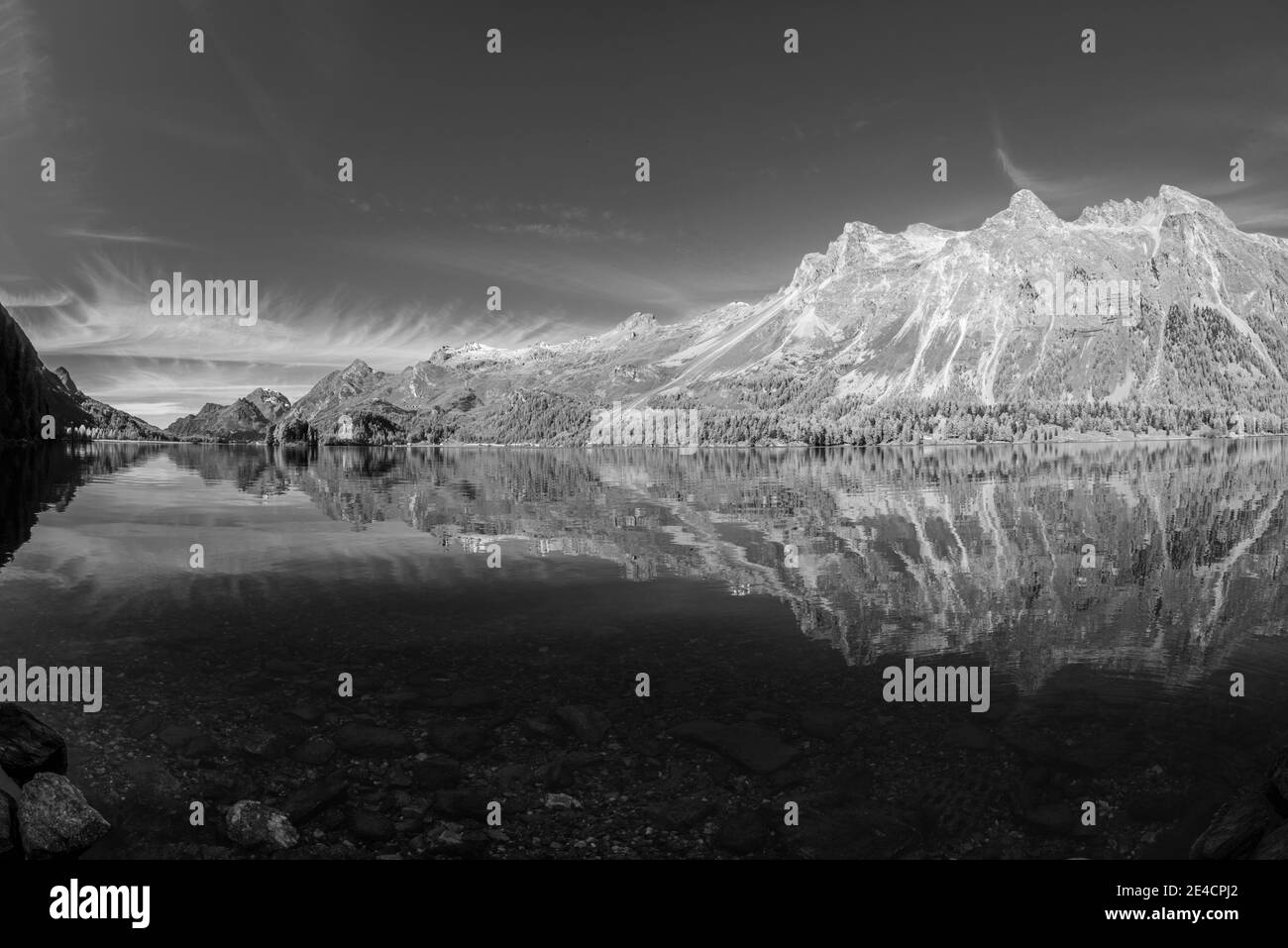 Schweiz, Graubünden, Engadin, Oberengadin, Sils, Silser See, Berge und Herbstwald spiegeln sich im See Stockfoto