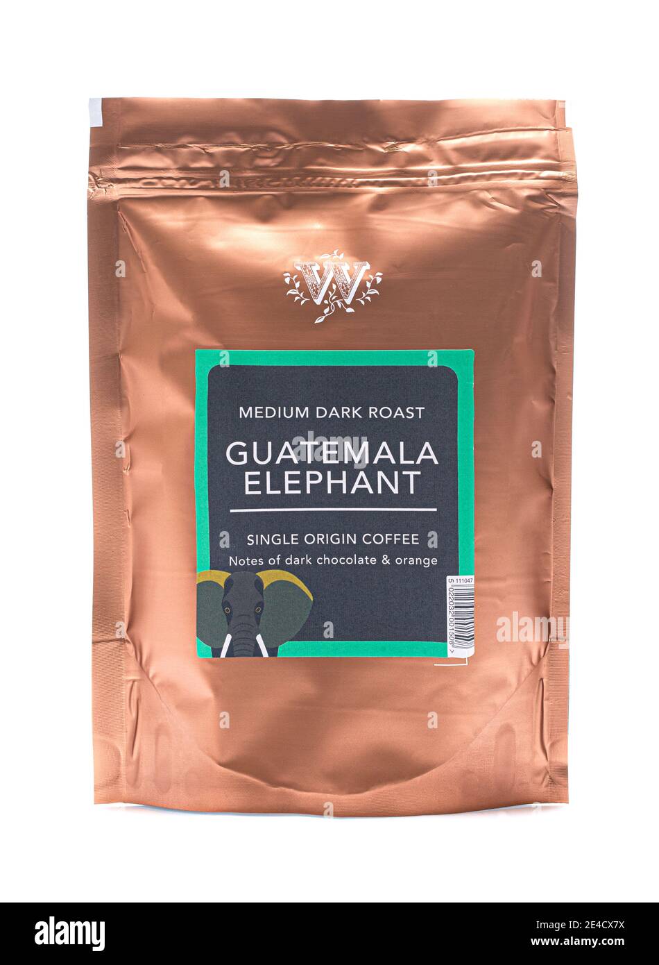 SWINDON, UK - 23. JANUAR 2021: Packung Wittards Medium Dark Brast Guatemala Elefantenkaffee auf weißem Hintergrund Stockfoto