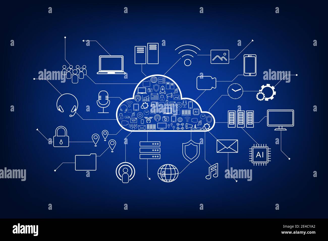 Cloud Computing Technologie mit Symbolen auf blauem Hintergrund Vector Illustration Stock Vektor