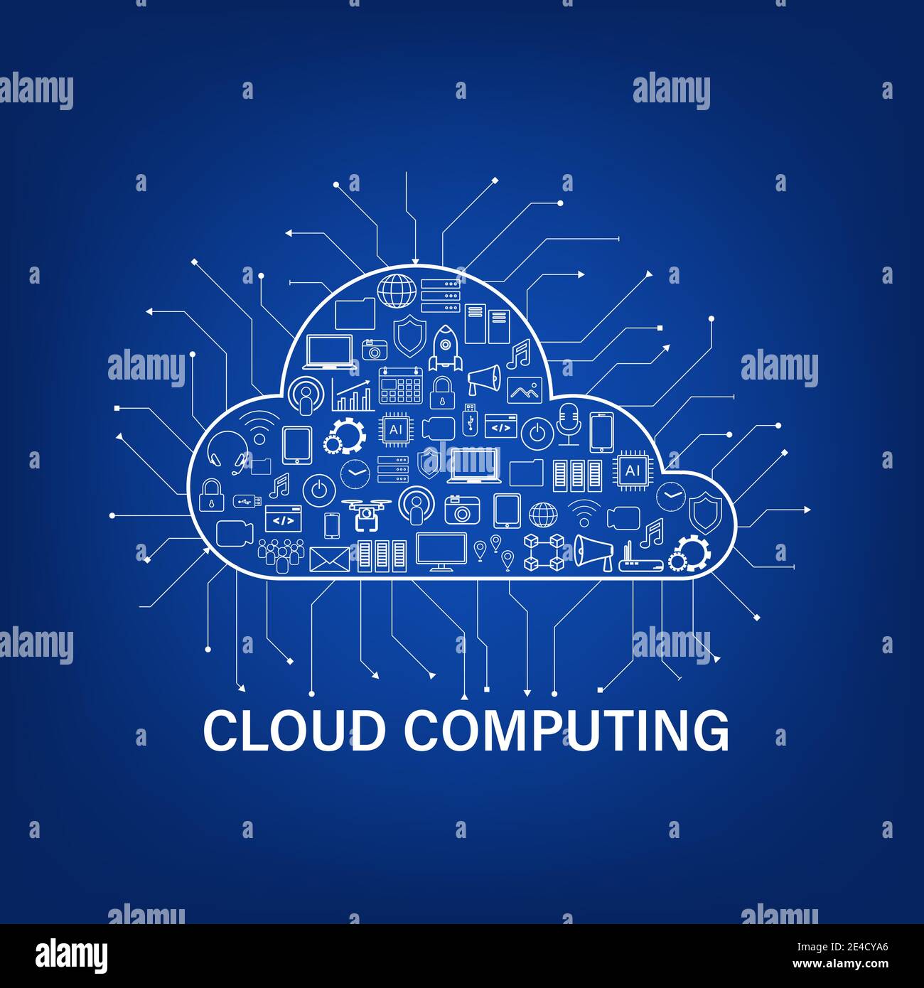 Cloud Computing Technologie mit Symbolen auf blauem Hintergrund Vector Illustration Stock Vektor