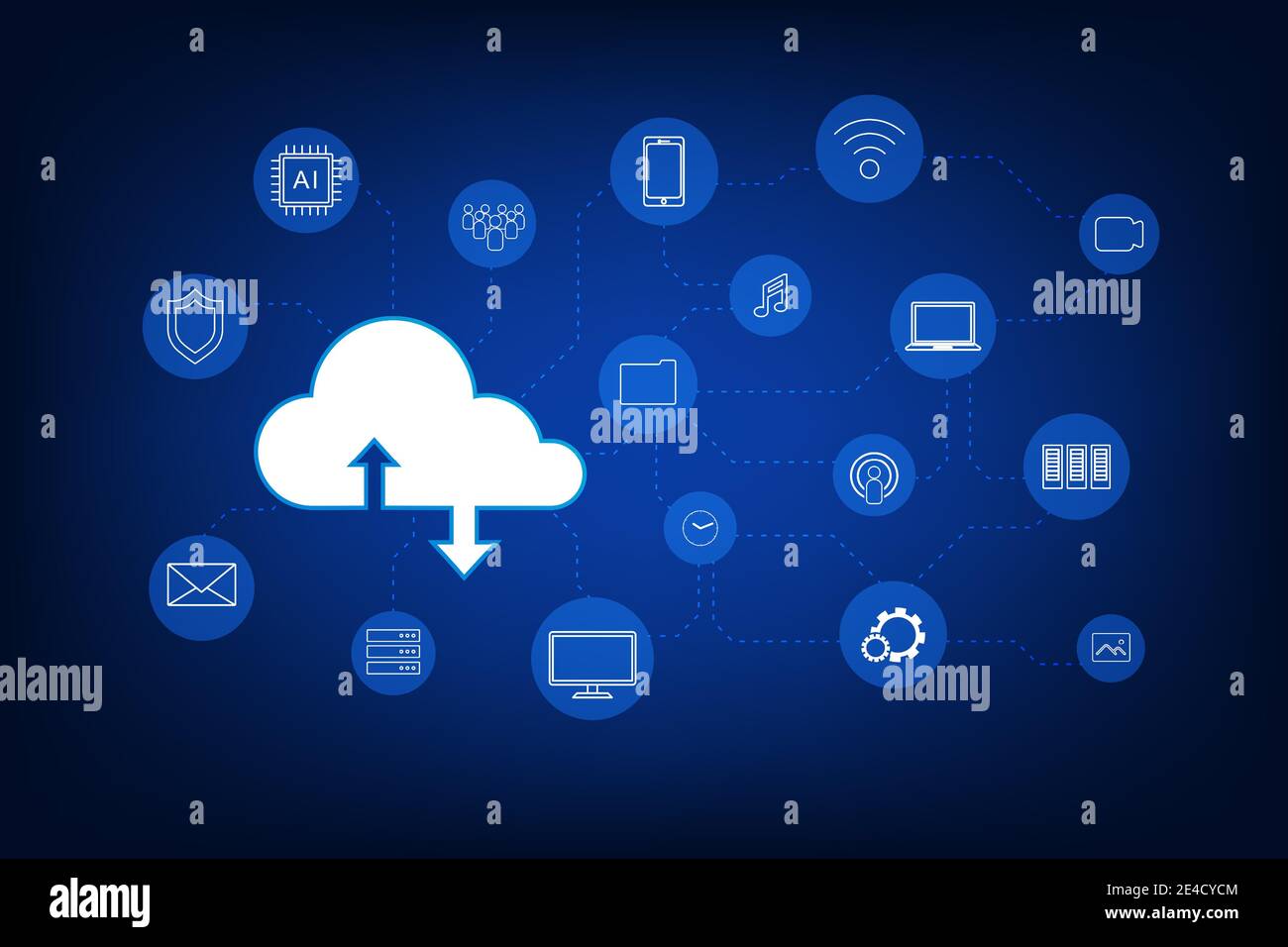 Cloud Computing Technologie mit Symbolen auf blauem Hintergrund Vector Illustration Stock Vektor