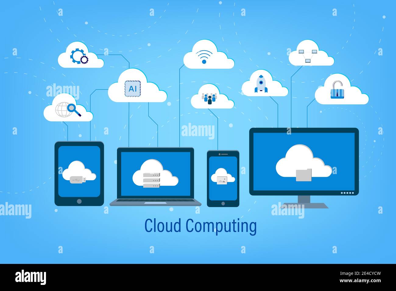 Cloud-Computing-Technologie mit Symbolen und Geräten auf blauem Hintergrund vektorgrafik Stock Vektor