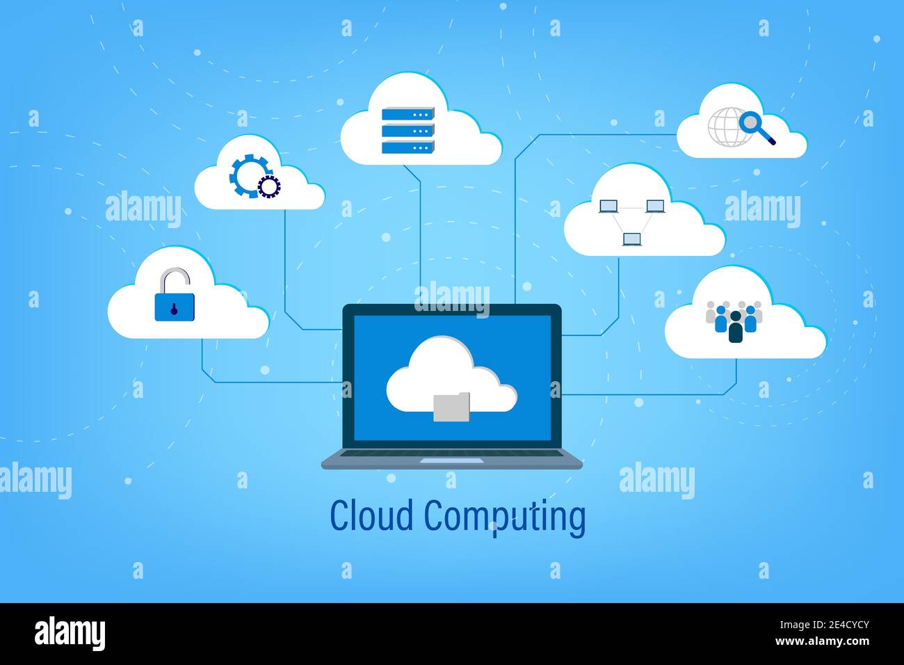 Cloud Computing Technologie mit Symbolen auf blauem Hintergrund Vector Illustration Stock Vektor
