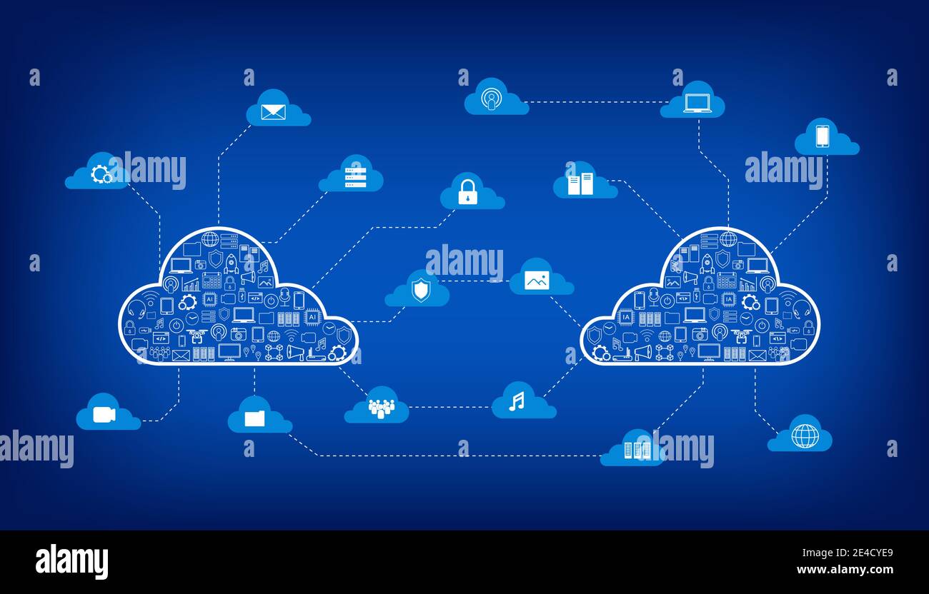 Cloud Computing Technologie mit Symbolen auf blauem Hintergrund Vector Illustration Stock Vektor