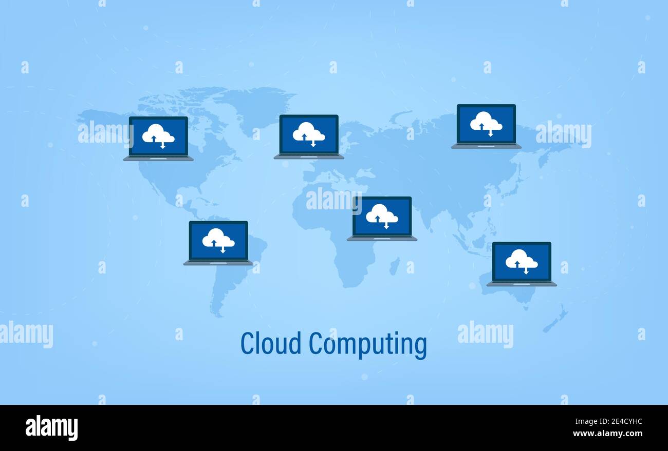 Cloud-Computing-Technologie mit Symbolen auf Weltkarte Vektordarstellung Stock Vektor