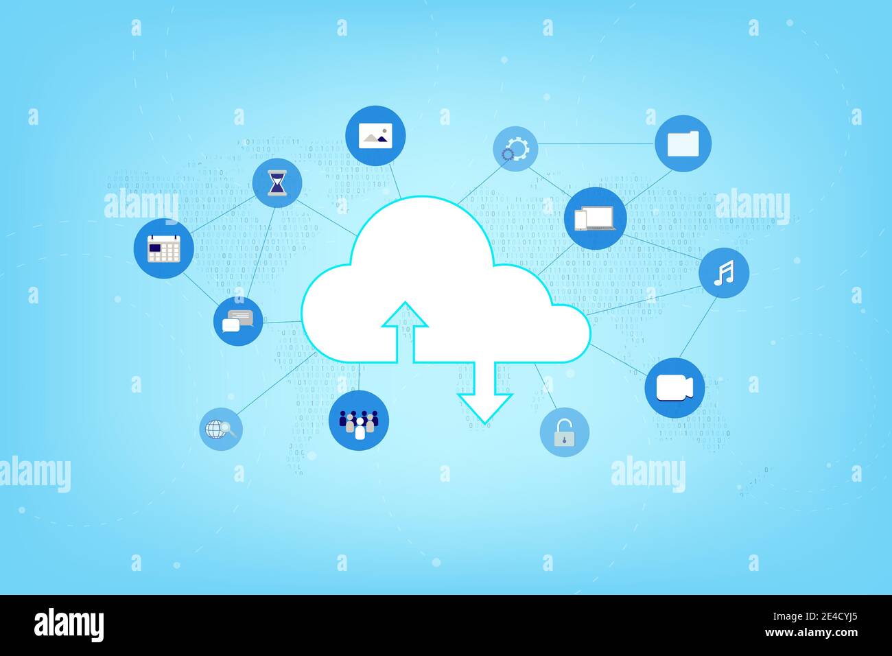 Cloud-Computing-Technologie mit Symbolen auf binären Weltkarte Vektor Abbildung Stock Vektor