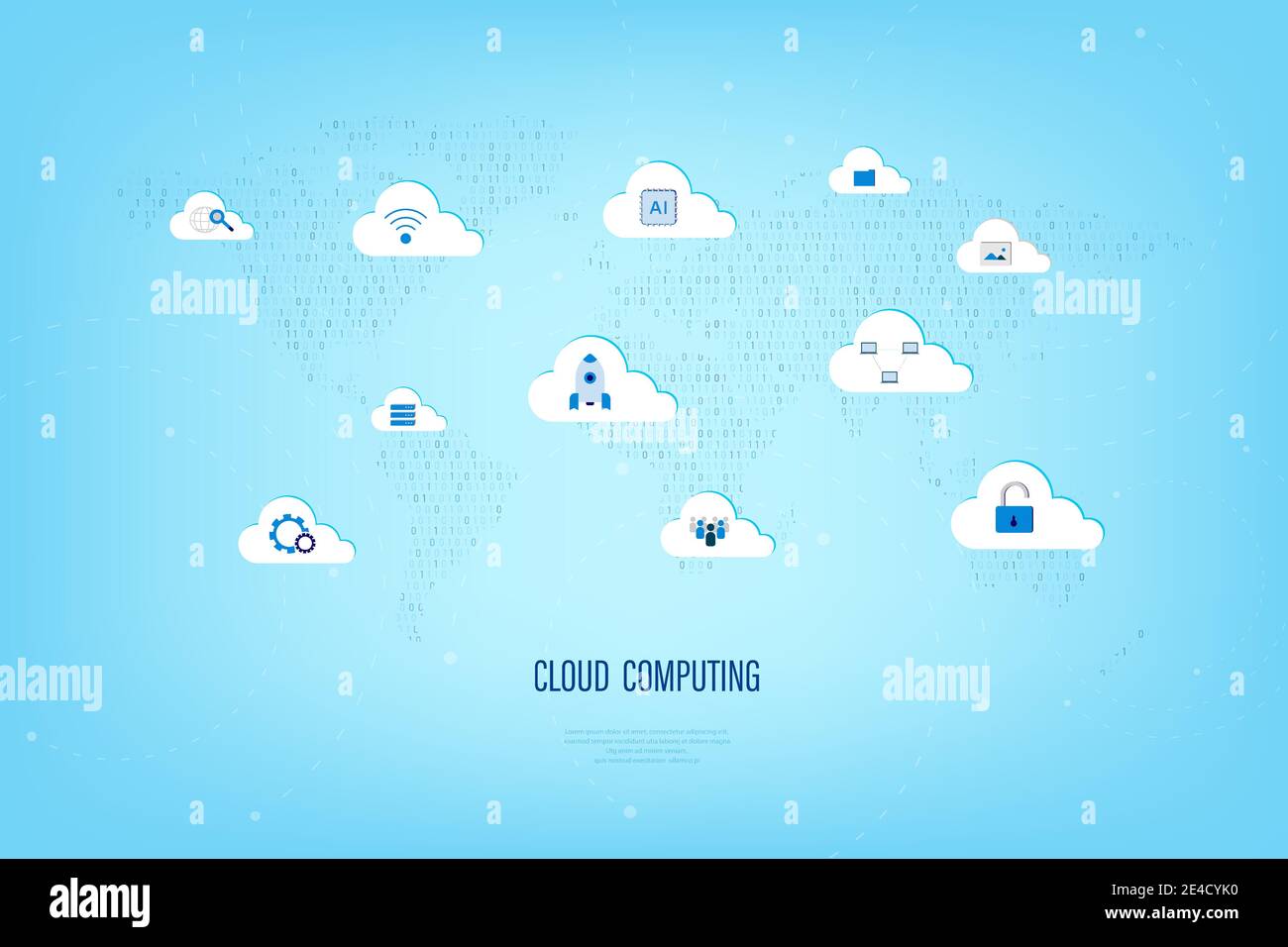 Cloud-Computing-Technologie mit Symbolen auf binären Weltkarte Vektor Abbildung Stock Vektor