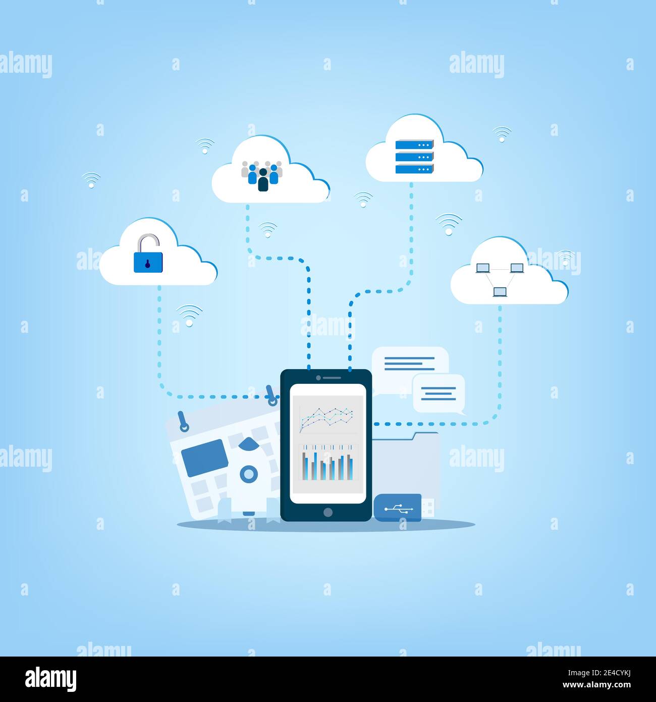 Cloud-Computing-Technologie mit Symbolen auf digitalen Gerätevektoren Stock Vektor