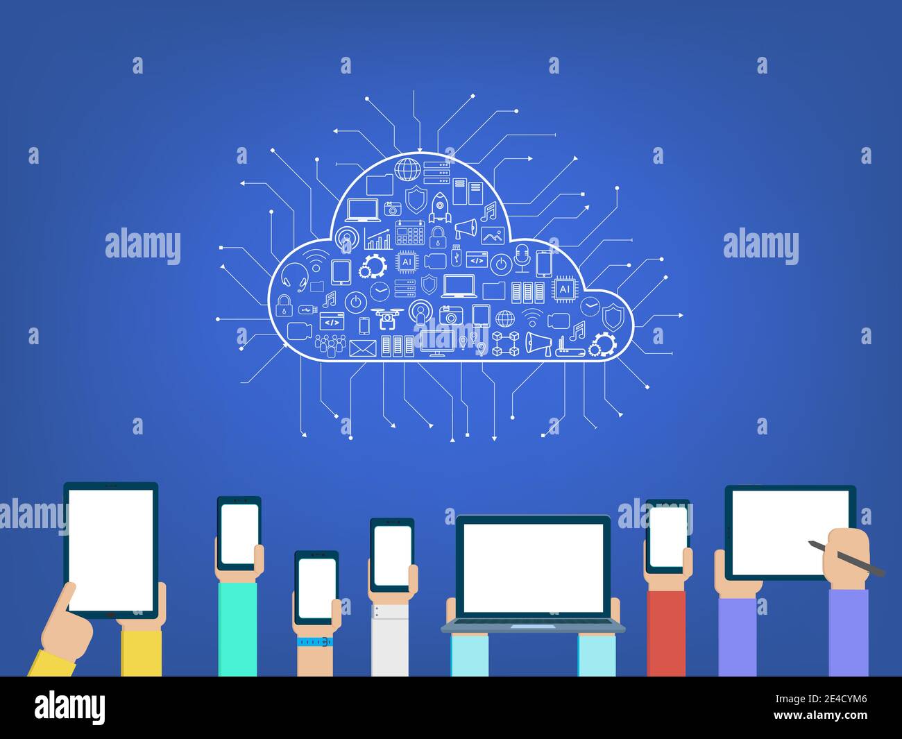 Cloud Computing Technologie mit Symbolen auf blauem Hintergrund Vector Illustration Stock Vektor