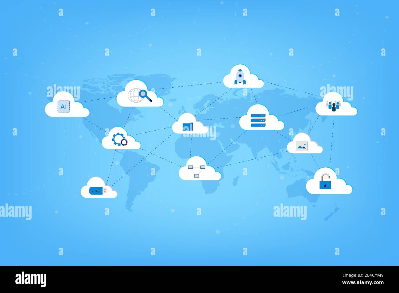 Cloud-Computing-Technologie mit Symbolen auf Weltkarte Vektordarstellung Stock Vektor